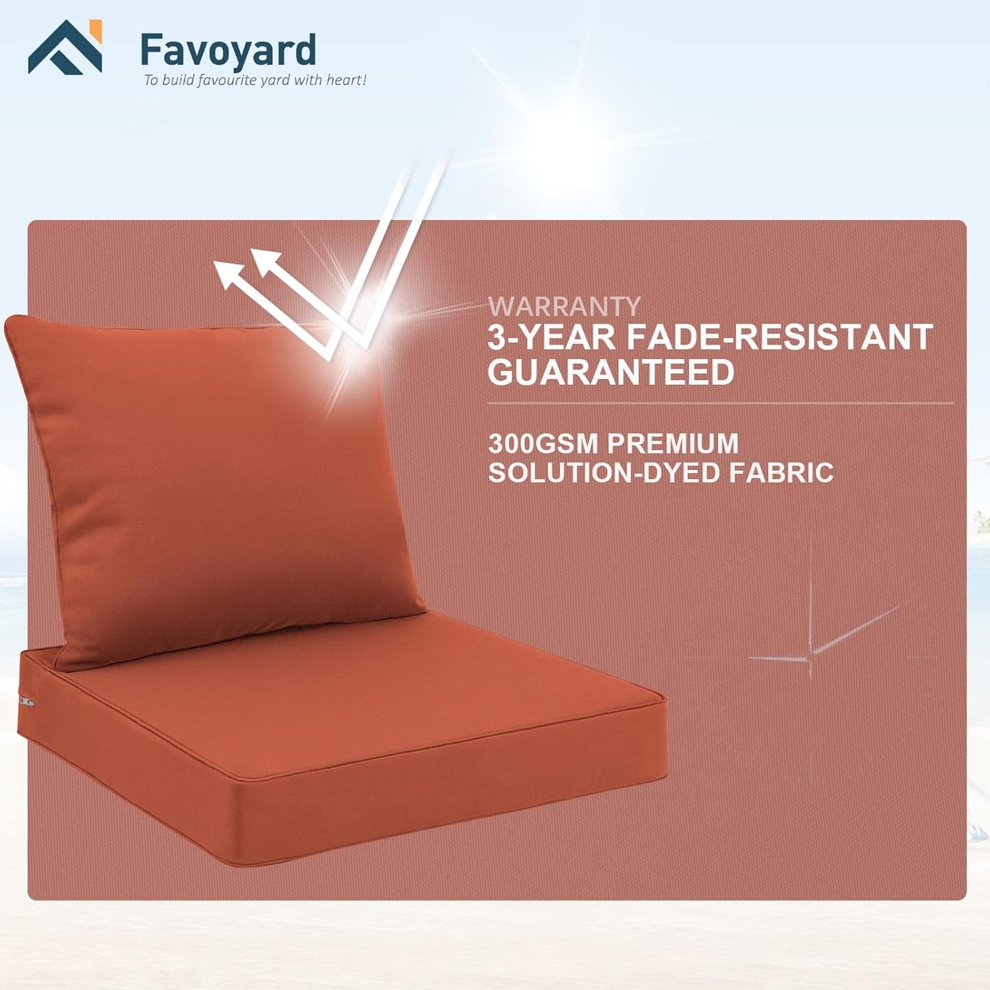 Favoyard Outdoor Seat Cushion Set 24 x 24 Inch Waterproof & Fade Resistant Patio Furniture Cushions with Removable Cover Deep Seat & Back Cushion with Handle and Adjustable Straps for Chair Sofa Couch