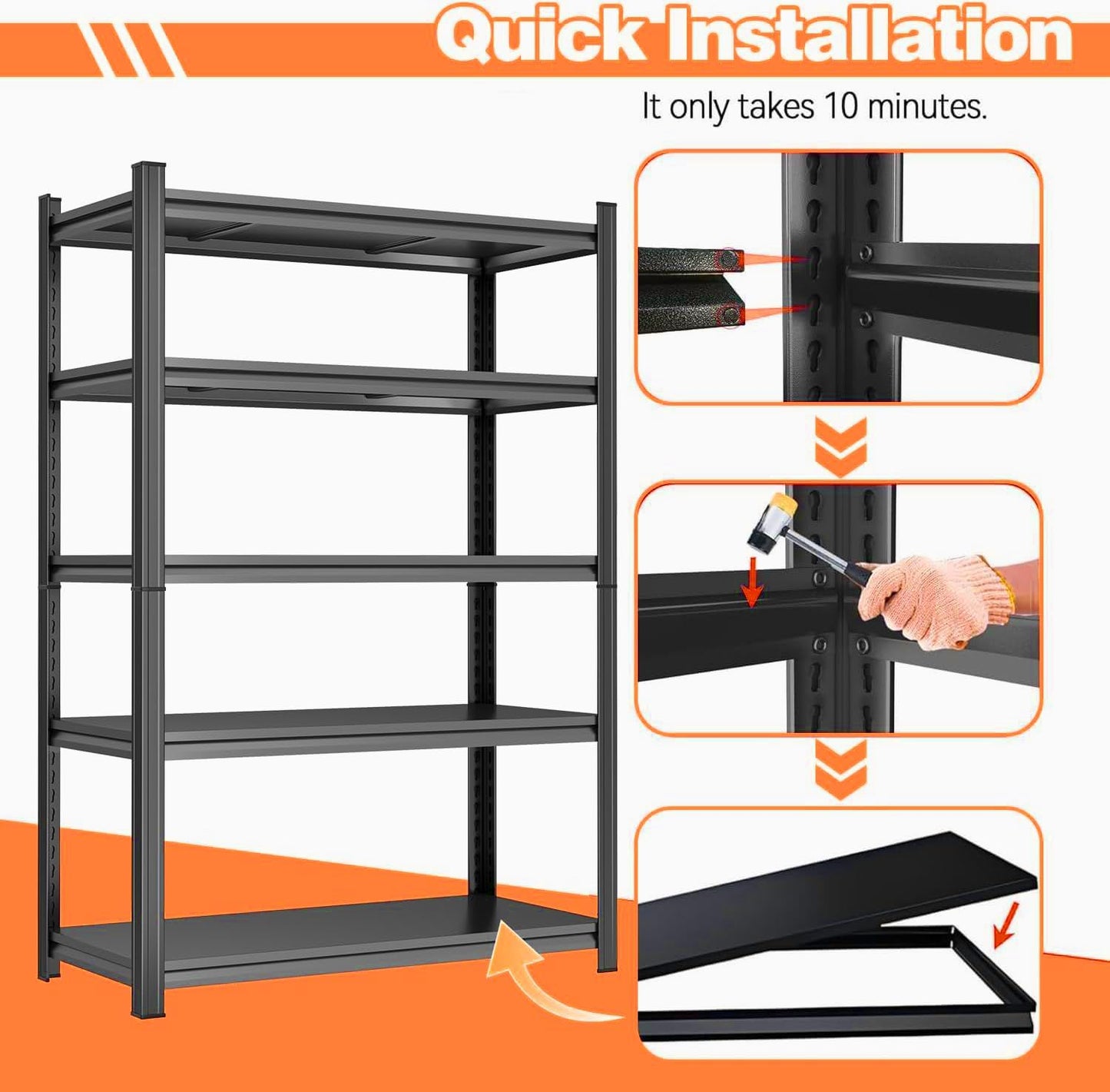 Garage Shelving 3000LBS Storage Shelves 5-Tier Adjustable Metal Shelving Units Garage Storage Shelves Heavy Duty for Industrial, Warehouse, Basement, Commercial, Black