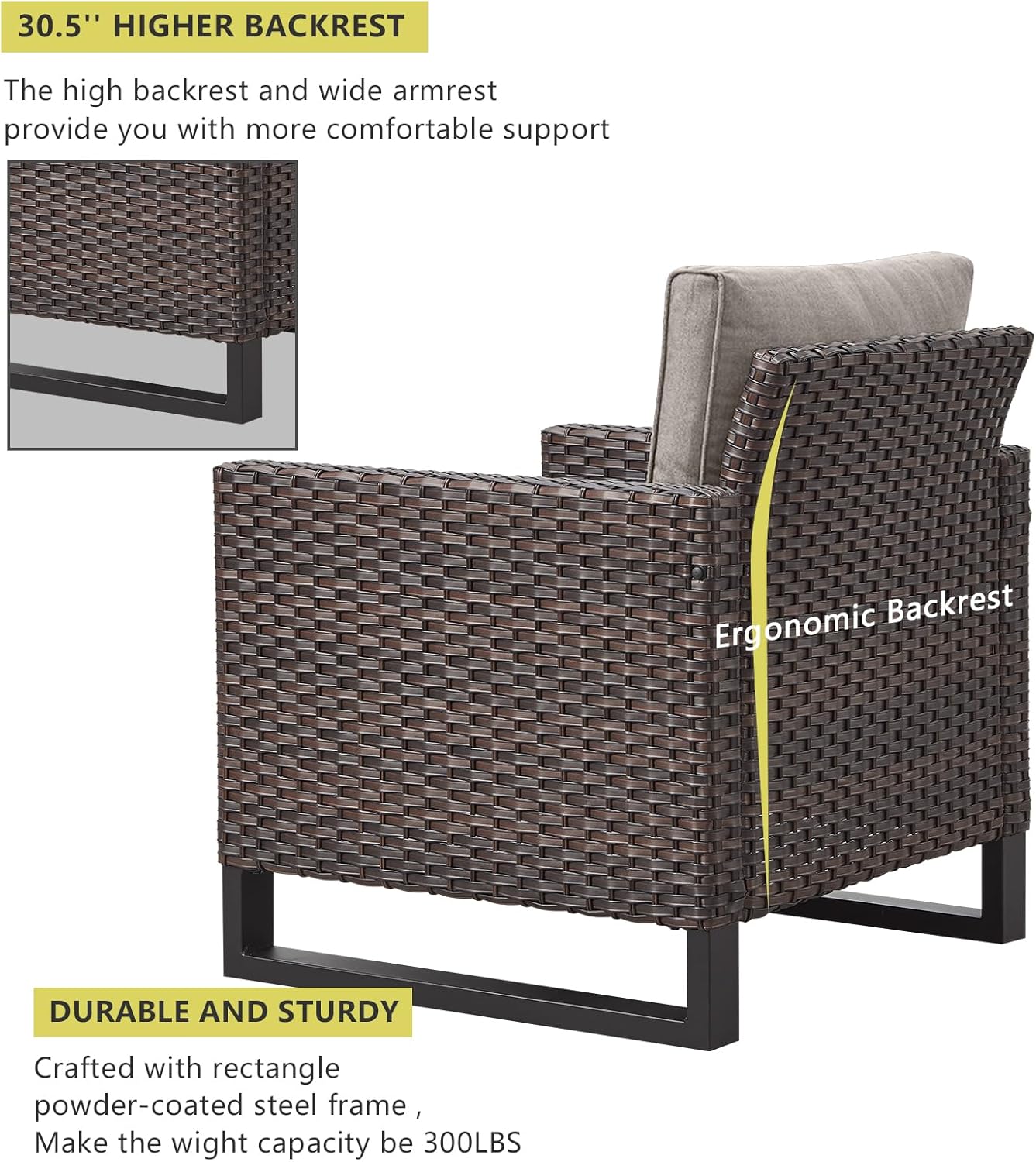 HUMMUH Wicker Patio Chairs Set of 2 High Back Deep Seating Outdoor Chairs with 4inch Seat Cushions for Porch Deck Garden Balcony