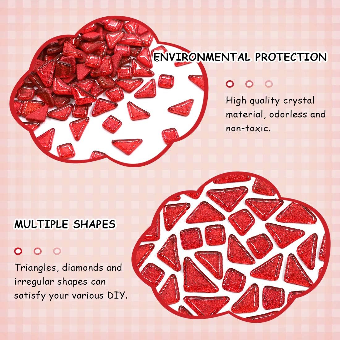 Swpeet 1 Pound Red Shine Crystal Series Mosaic Tiles Assortment Kit, Square and Triangle Genuine Mosaic Tiles Glitter Crystal Mosaic Perfect for Home Decoration Crafts