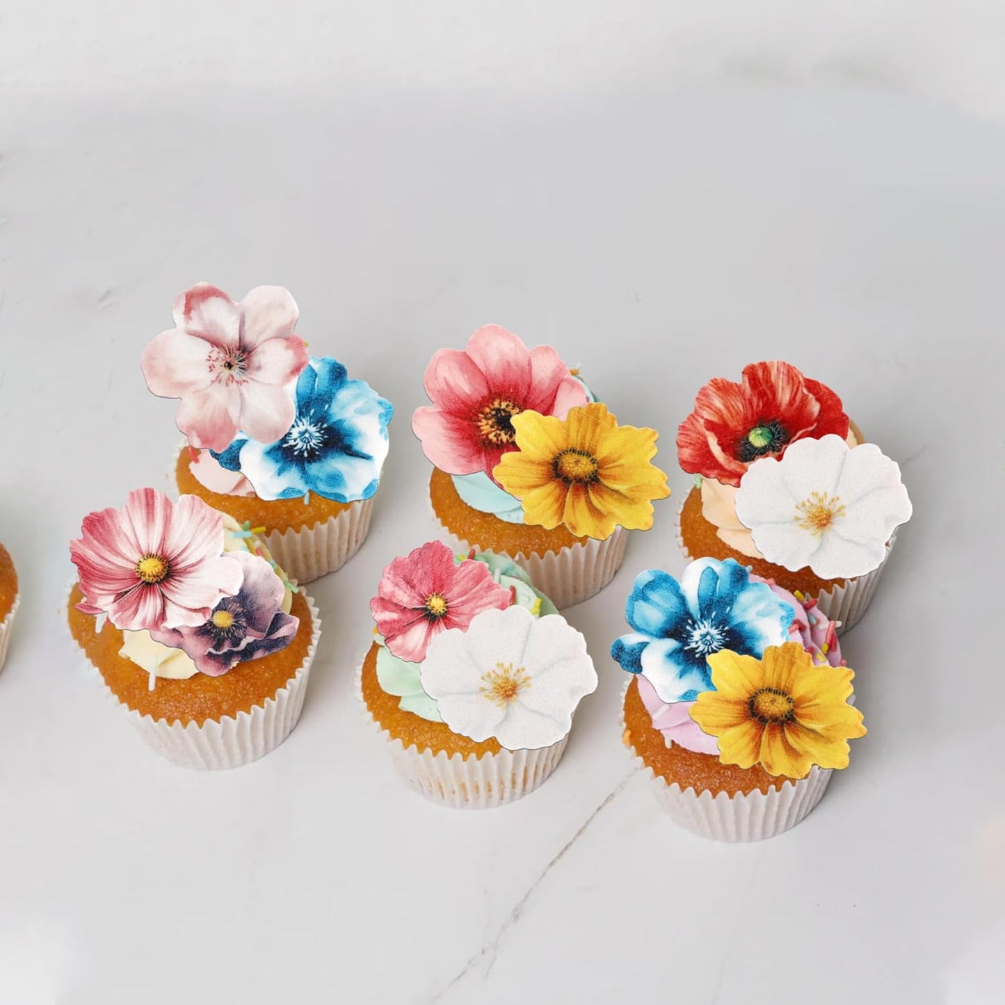 54 PCS Edible Flowers Cake Toppers Wafer Paper Flower Cupcake Toppers Hawaiian Edible Flowers Cake Decorations Mixed Size for Tropical Luau Themed Birthday Baby Shower Party Food Decor Supplies