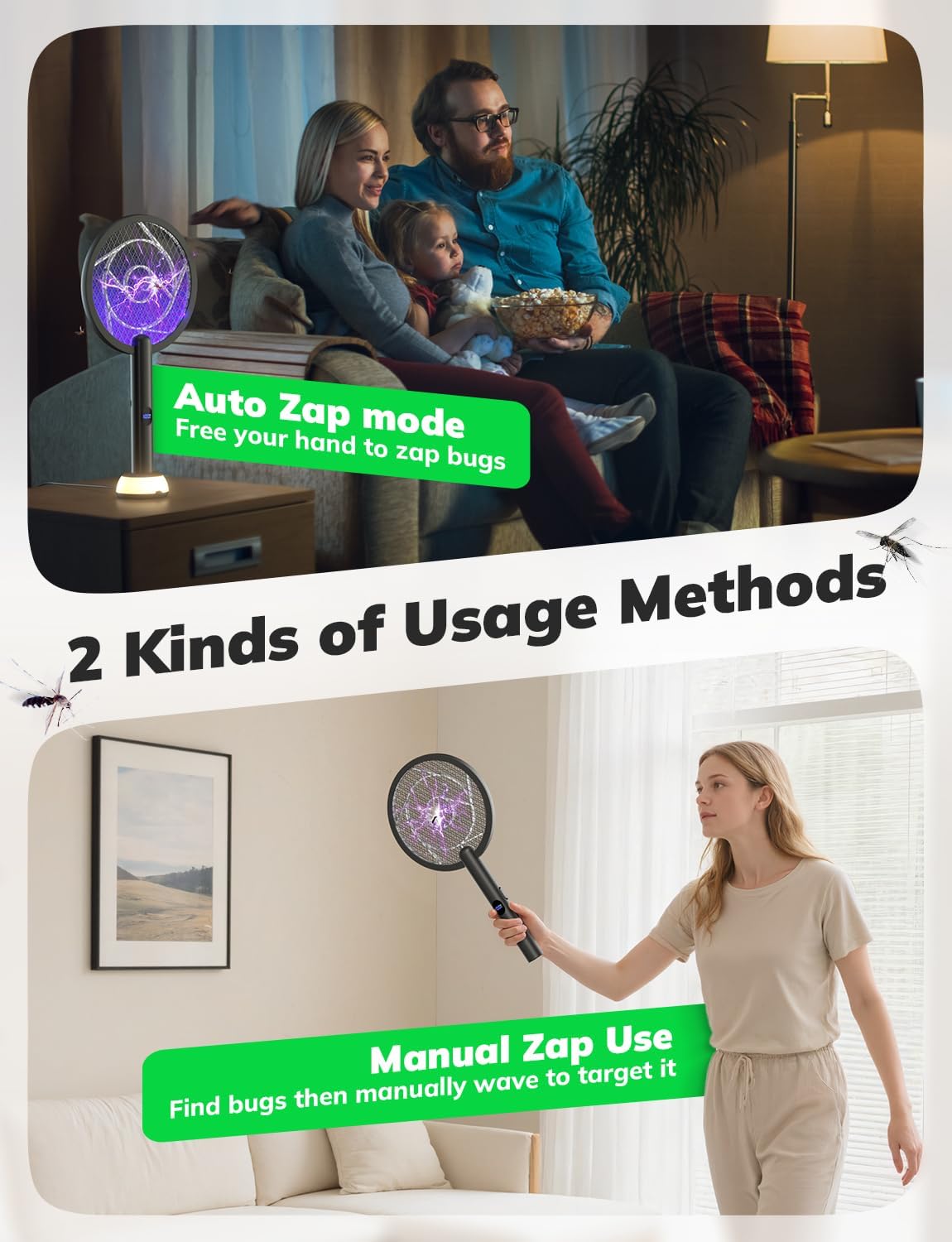 YISSVIC Electric Fly Swatter Bug Zapper Racket 4000V LED Screen Dual Modes Fly Zapper Rechargeable for Indoor Home Office Backyard Patio Camping