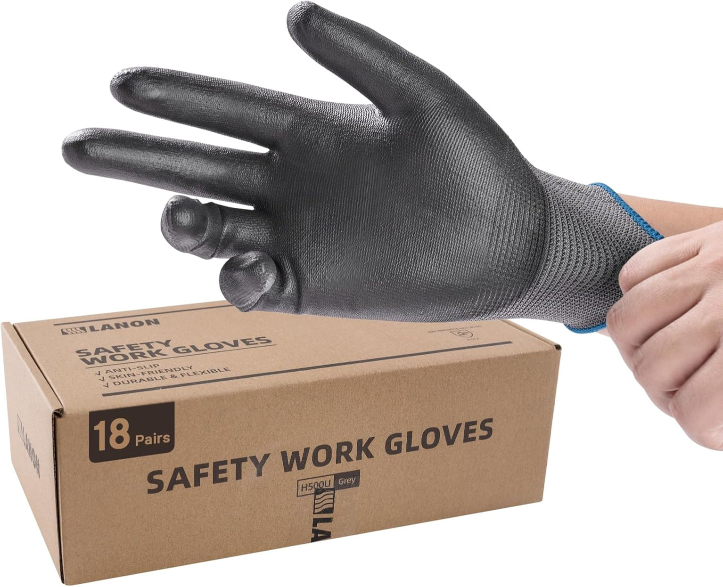 LANON 18 Pairs Safety Work Gloves, Mechanic Working Gloves for Men,Breathable PU Coated, Seamless Knit,Double Wash, Grey, Medium