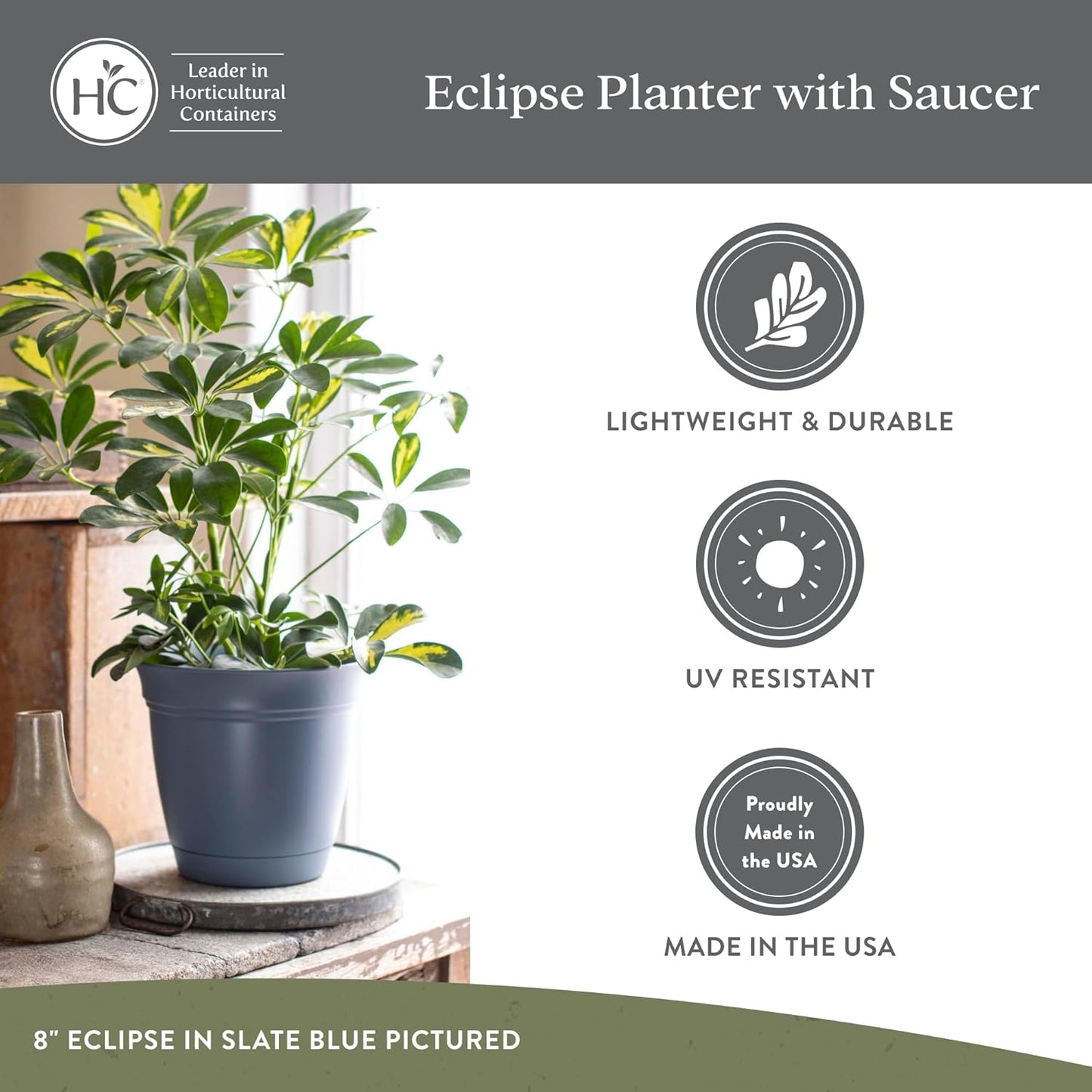 The HC Companies Eclipse Round Planter with Saucer - Outdoor & Indoor Plant Pot with Drainage Holes - Lightweight, UV-Resistant Plastic Pots for Plants, Flowers & Herbs (10" Warm Gray, Pack of 1)