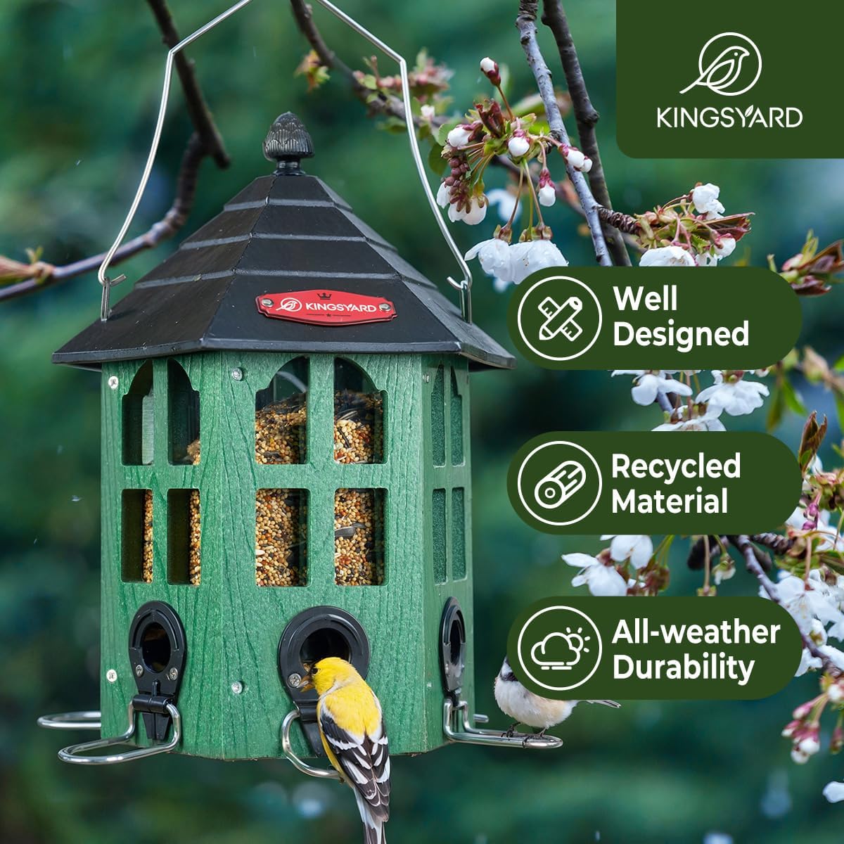 Kingsyard Wild Bird Feeder for Outdoor Hanging, Recycled Plastic Bird Feeders with 6 Ports & U-Shape Perch, Garden Yard Outside Decoration, 3.5 lbs Seed Capacity, Green