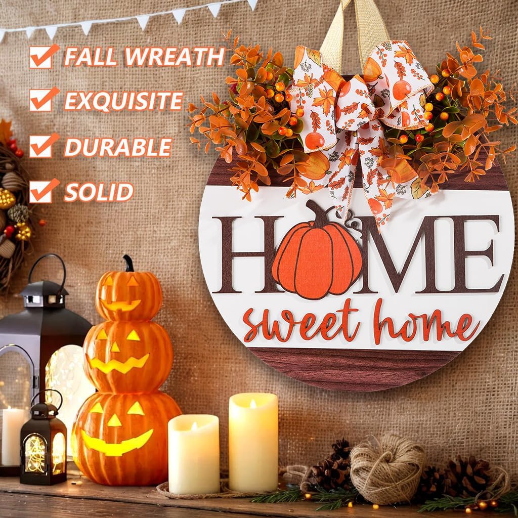 Hello Pumpkin Welcome Wooden Hanging Sign Fall Wreath for Front Door | Fall Autumn Harvest Decor with Bow & Wreath | Farmhouse Rustic Thanksgiving Porch & Wall Plaque | Indoor Outdoor Home Decor