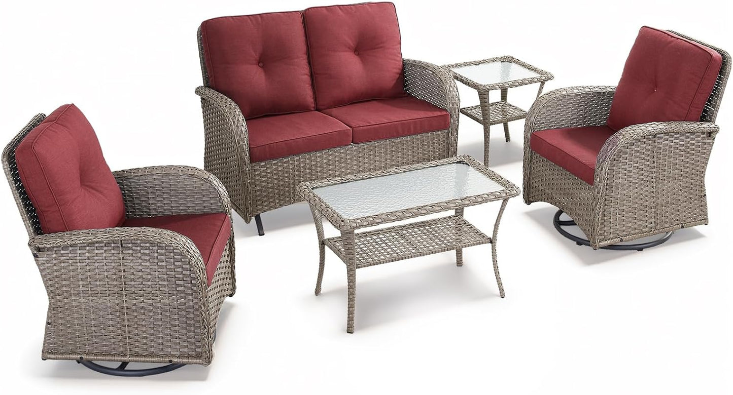 HUMMUH Patio Furniture Wicker Outdoor Furniture Sets High Back Outdoor Glider Bench with Patio Swivel Chairs Patio Conversation Sets for Deck Lawn Porch Balcony Poolside-Grey/Red