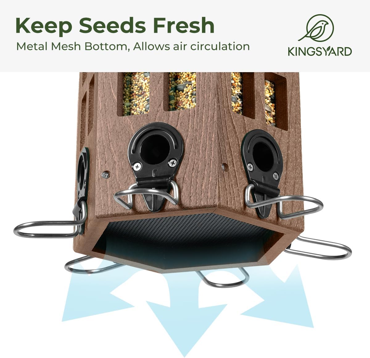 Kingsyard Wild Bird Feeder for Outdoor Hanging, Recycled Plastic Bird Feeders with 6 Ports & U-Shape Perch, Garden Yard Outside Decoration, 3.5 lbs Seed Capacity, Brown