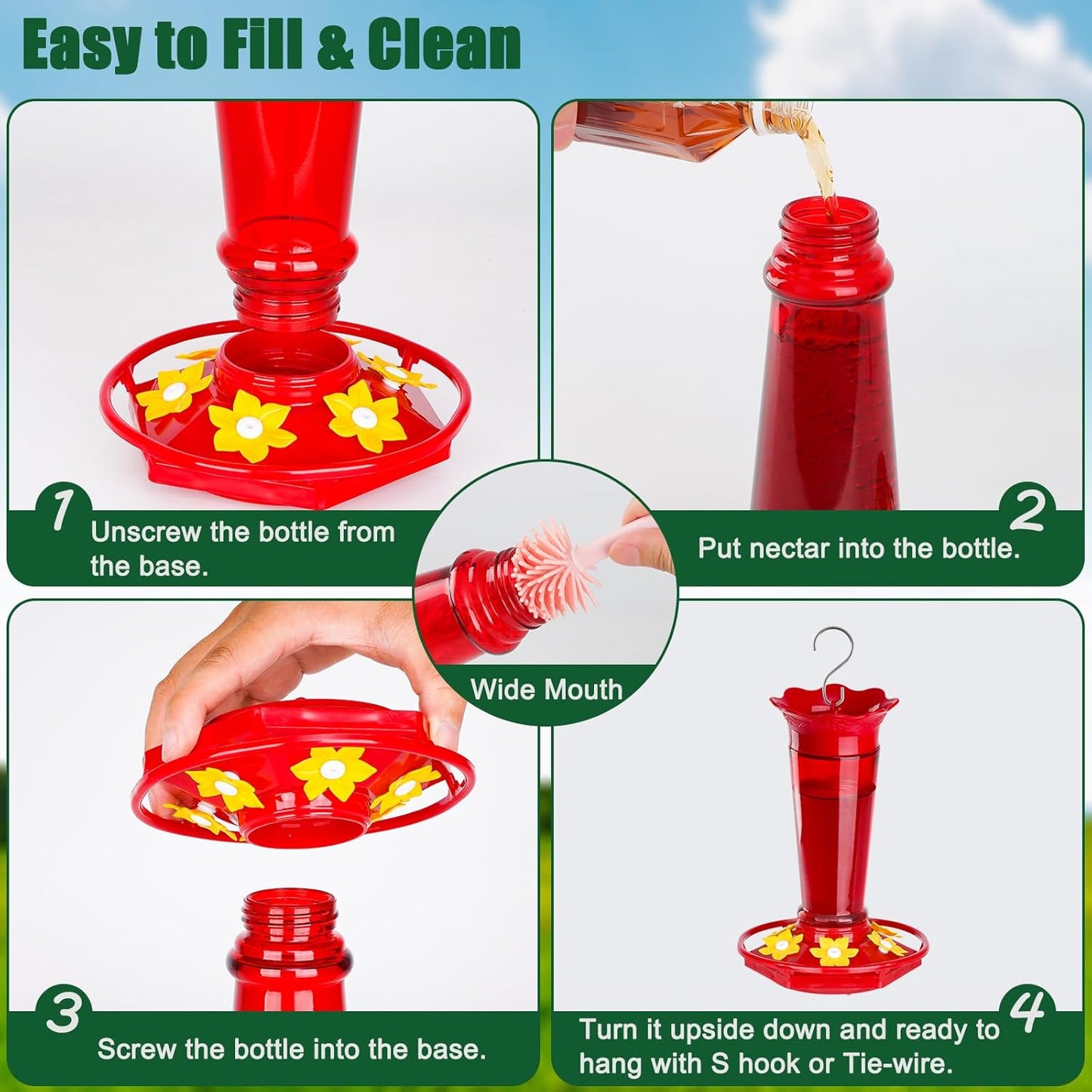 Glass Hummingbird Feeders for Outdoors Hanging Ant and Bee Proof Red & Blue 10OZ 2Pack Bird Feeders for Outside Hanging 6 Feeding Stations Bird Nectar Feeder for Garden Yard Décor Gift for Mom