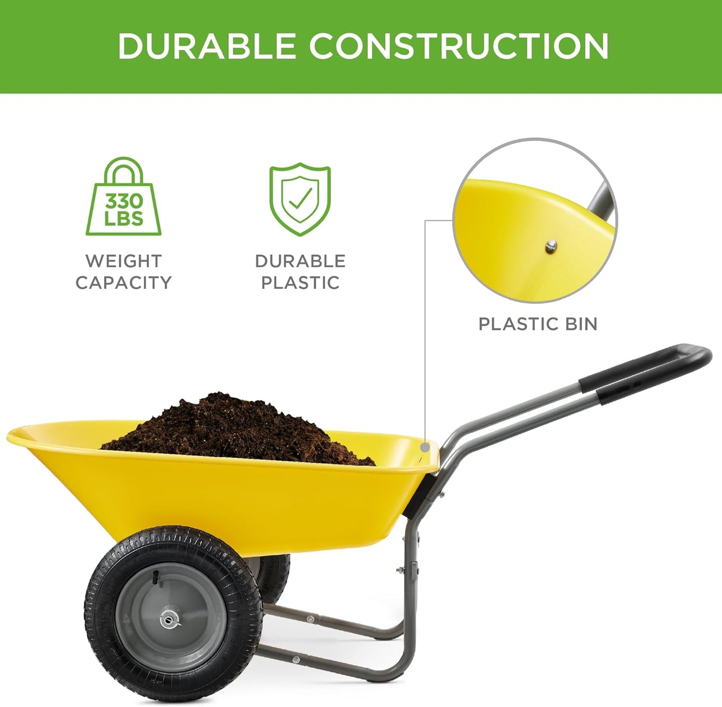 Best Choice Products Dual-Wheel Home Utility Yard Wheelbarrow Garden Cart w/Built-in Stand for Lawn, Gardening, Construction - Yellow