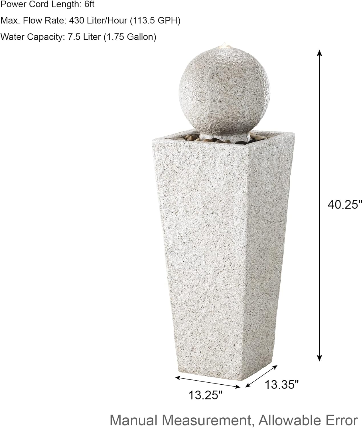 Glitzhome Outdoor Water Fountain with LED Light, Modern Oversized Sphere Pedestal Water Fountain with Submersible Pump, Modern Geometric Outdoor Fountains for Garden Patio Porch, 40.25" H