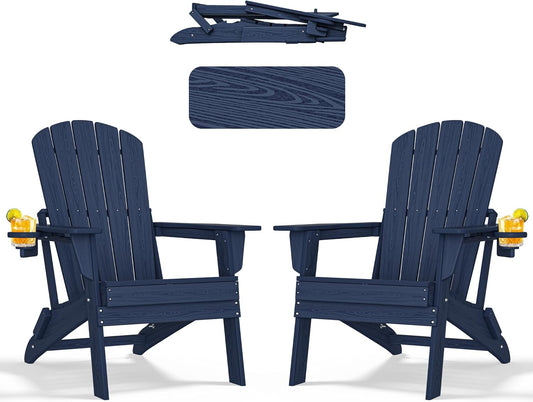 Folding Adirondack Chair - Extended Ergonomic Backrest, Cup Holder - Easy Assembly - Durable HDPE Plastic, Weather Resistant & Maintenance-Free - Lawn, Patio, Deck Supports 380lbs NavyBlue