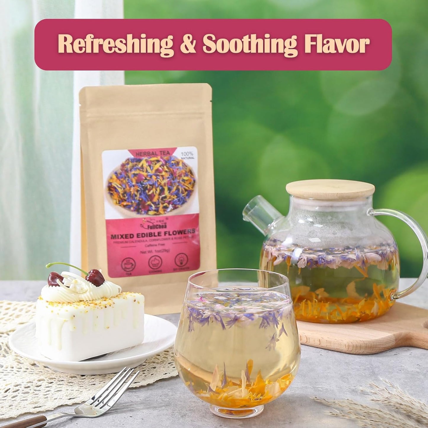 FullChea - Mixed Edible Flowers - 1oz/29g - Natural Dried Calendula, Cornflower, and Rose Petals - Culinary Grade - Cake Decorations - Caffeine-Free - Perfect for Cakes & Drinks