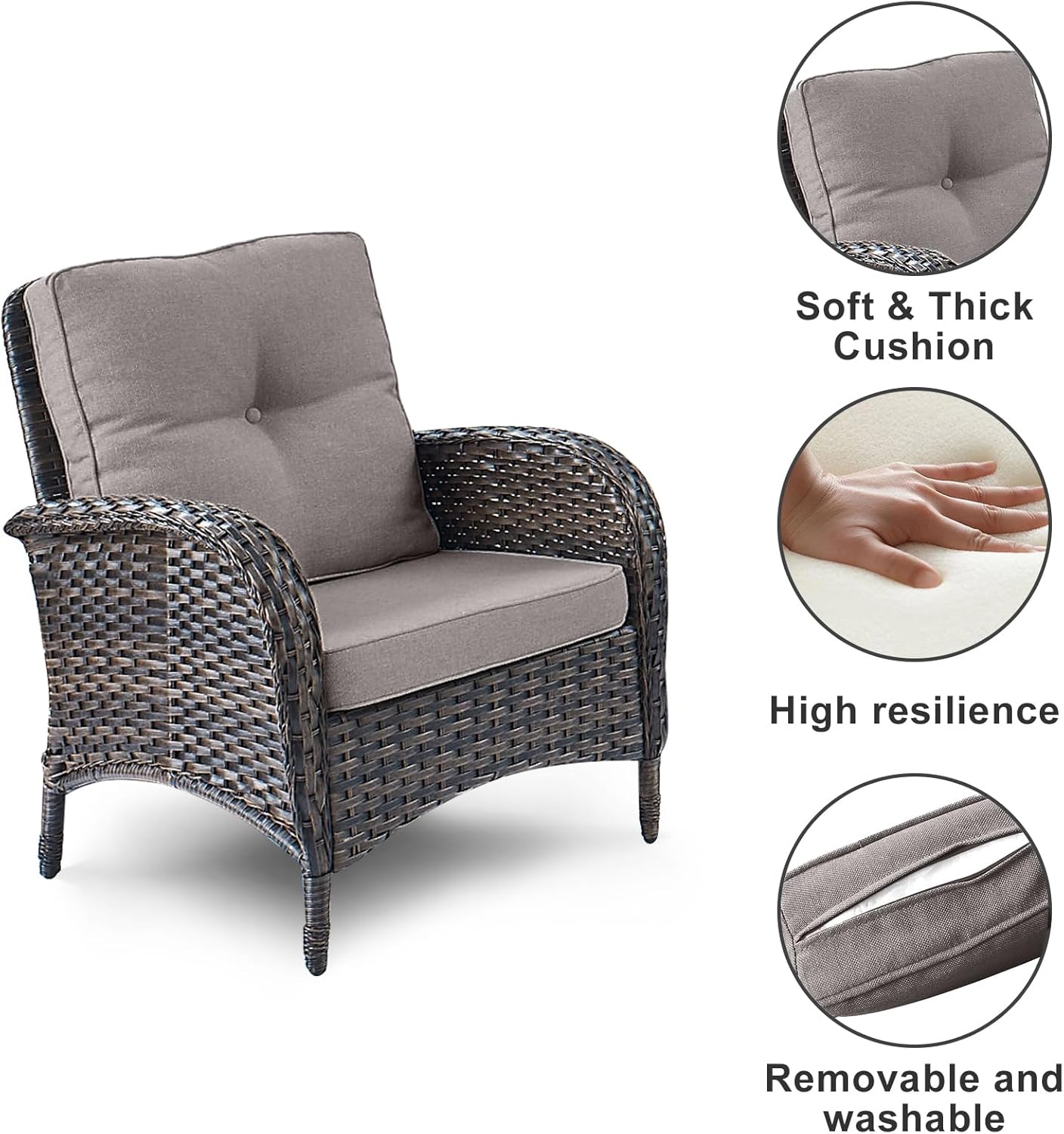 HUMMUH Outdoor Wicker Chairs Patio Dining Chairs Set of 2 with High Back and Deep Seat for Garden,Porch,Backyard,Balcony (Brown/Grey)