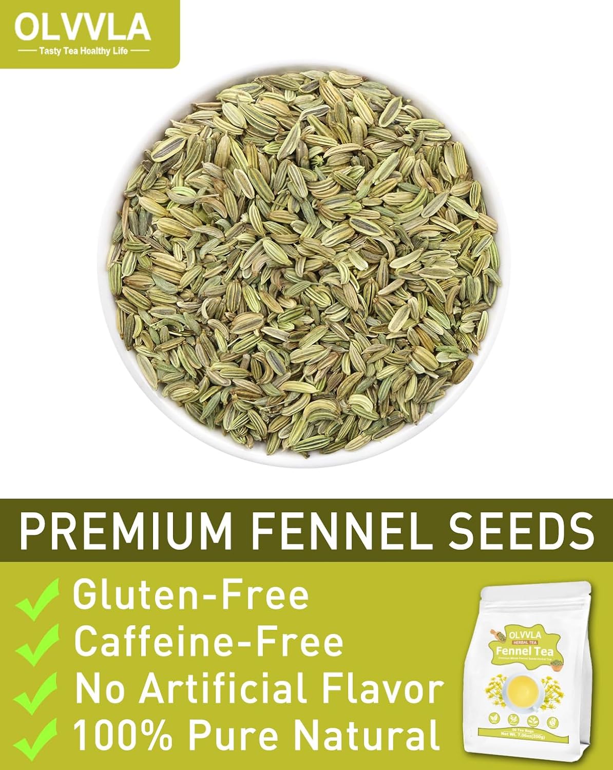 Olvvla - Premium Fennel Tea Bags - 4g X 50 Count - 100% Pure Natural Whole Fennel Seeds - Sweet & Smooth - Non-GMO - Caffeine-free - Support Digestion & Promote Relaxation