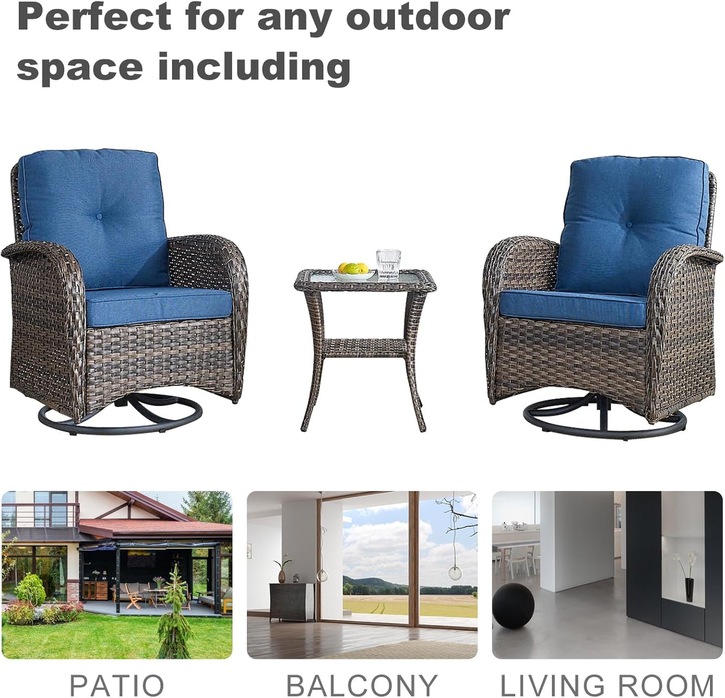 HUMMUH 5-Piece Patio Furniture Wicker Outdoor Conversation Set,All-Weather Rattan Swivel Chairs Bistro Set with Loveseat Coffee Table for Backyard,Poolside,Deck(Brown/Blue)