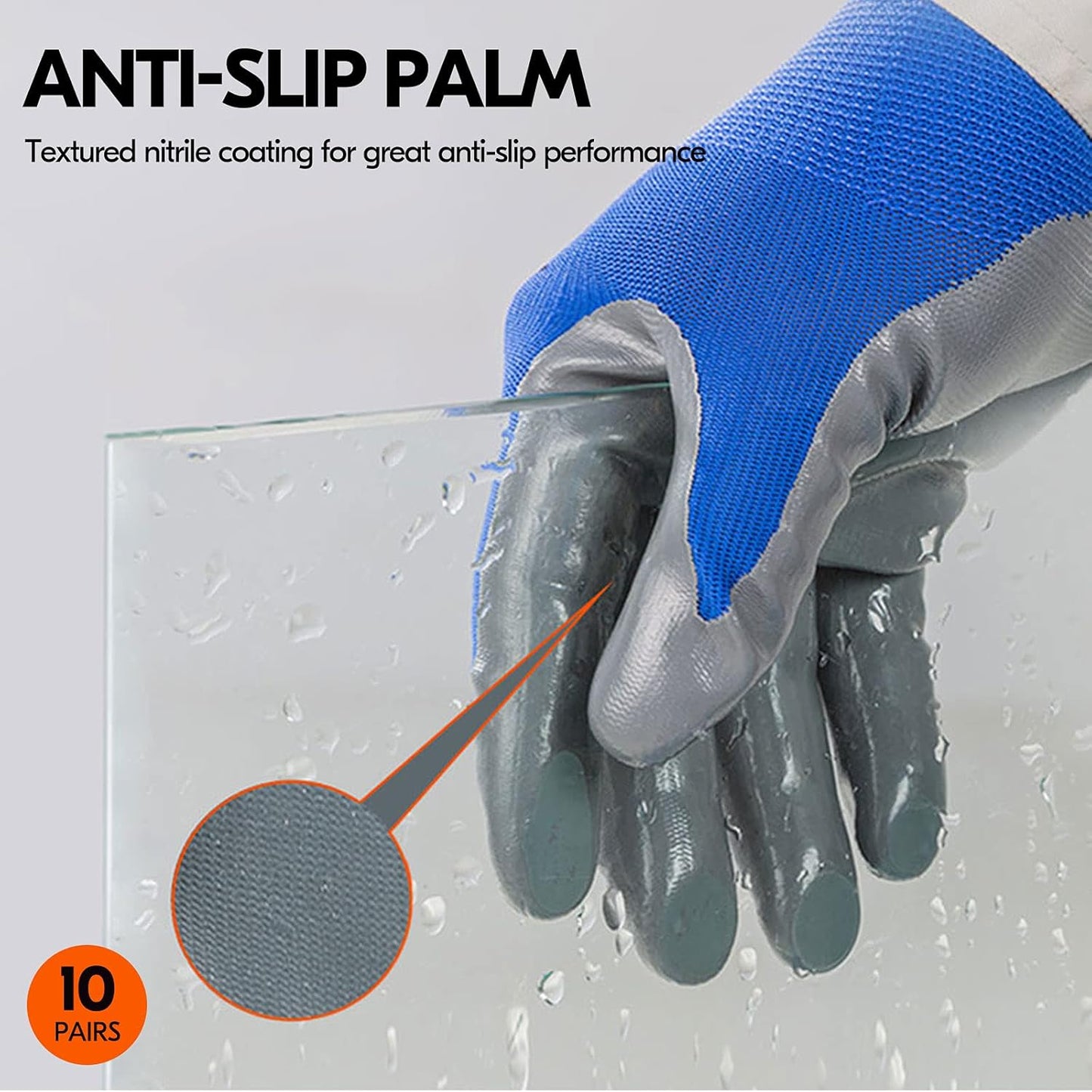 Vgo... 10-Pairs Safety Work Gloves, Gardening Gloves, Non-slip Nitrile coating, Dipping Gloves (Size M, Blue, NT2110)