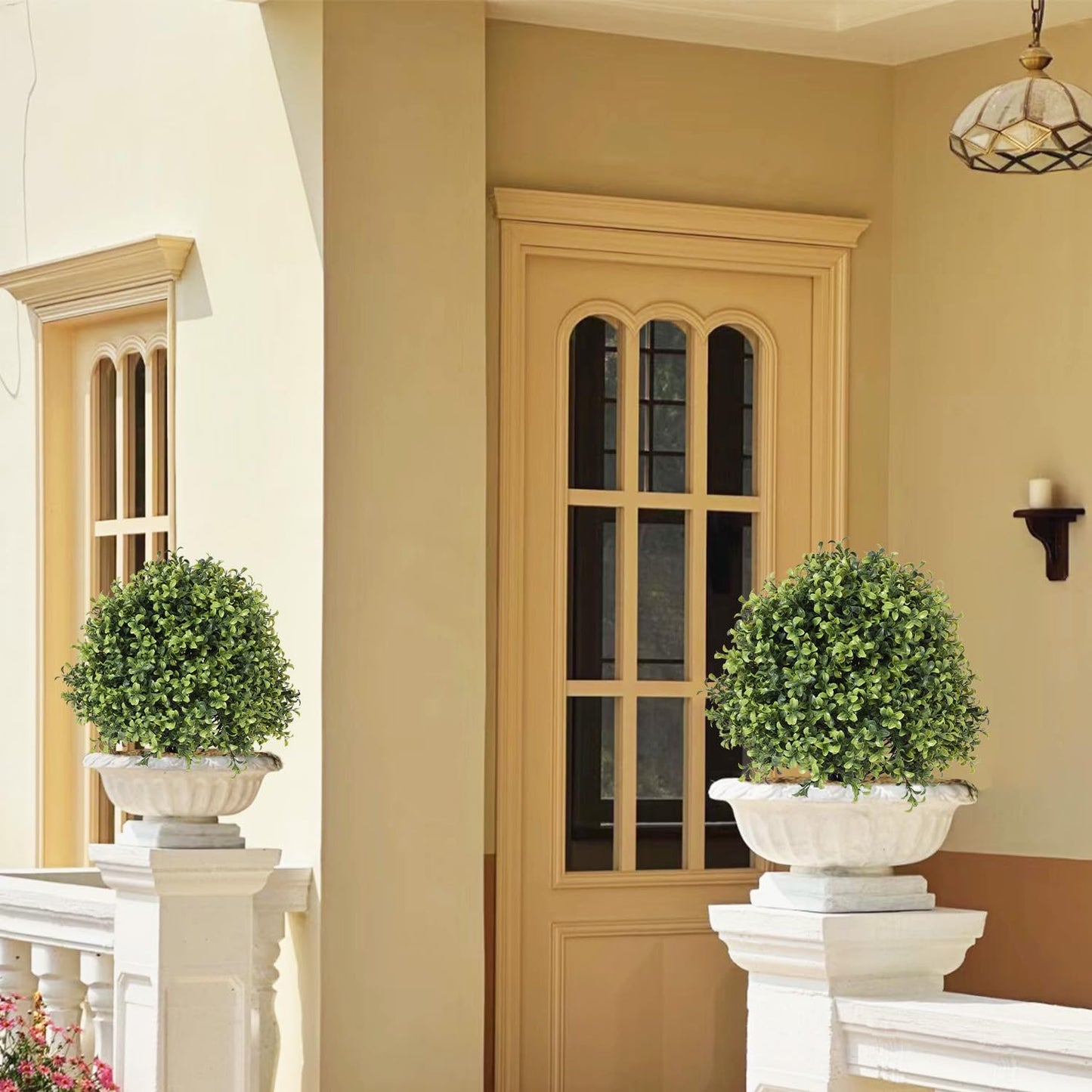 THE BLOOM TIMES 2ft Faux Boxwood Plants Outdoor Set of 2, Topiary Balls Artificial Outside Trees, 24" UV Resistant Fake Greenery Bushes & Shrubs for Front Porch Planter