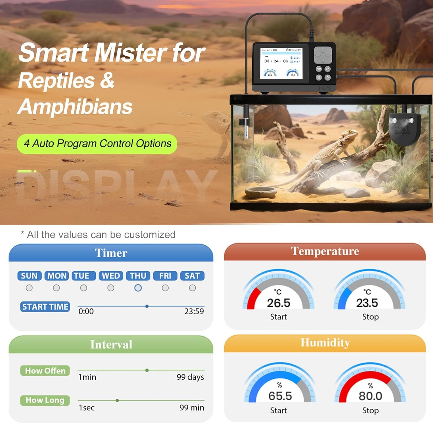 J&A Automatic Fogger for Reptile Tank, Mister for Terrariums, Humidifer with Programable Timer, Temp-Hygrometer Sensor, Ideal for Amphibians/Reptiles/Paludarium/Vivarium (Black)