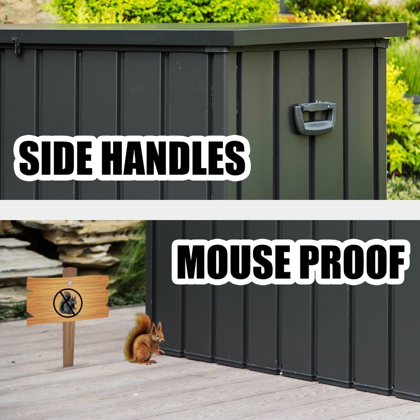 Domi Outdoor Deck Box 100 Gallon, Waterproof Lockable Steel Outdoor Storage Container with Resin Lid for Outside Cushions, Garden Tools and Pools Equipment (Gray)