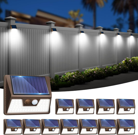 12 Pack Solar Fence Lights Waterproof, Motion Sensor Deck Lights Outdoor, Cold White LED Outside Lamp Wireless for Wall Yard Steps Stairs Garden - Brown