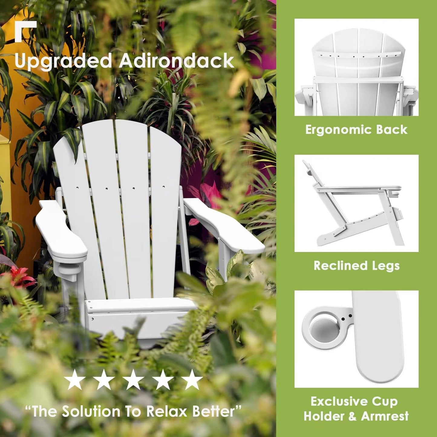 GREENVINES Folding-Adirondack-Chairs-Set-of-6 | HDPE Plastic | Fire Pit Chair | All Weather | Cup Holder | White | for Deck Backyard Patio Outdoor Garden