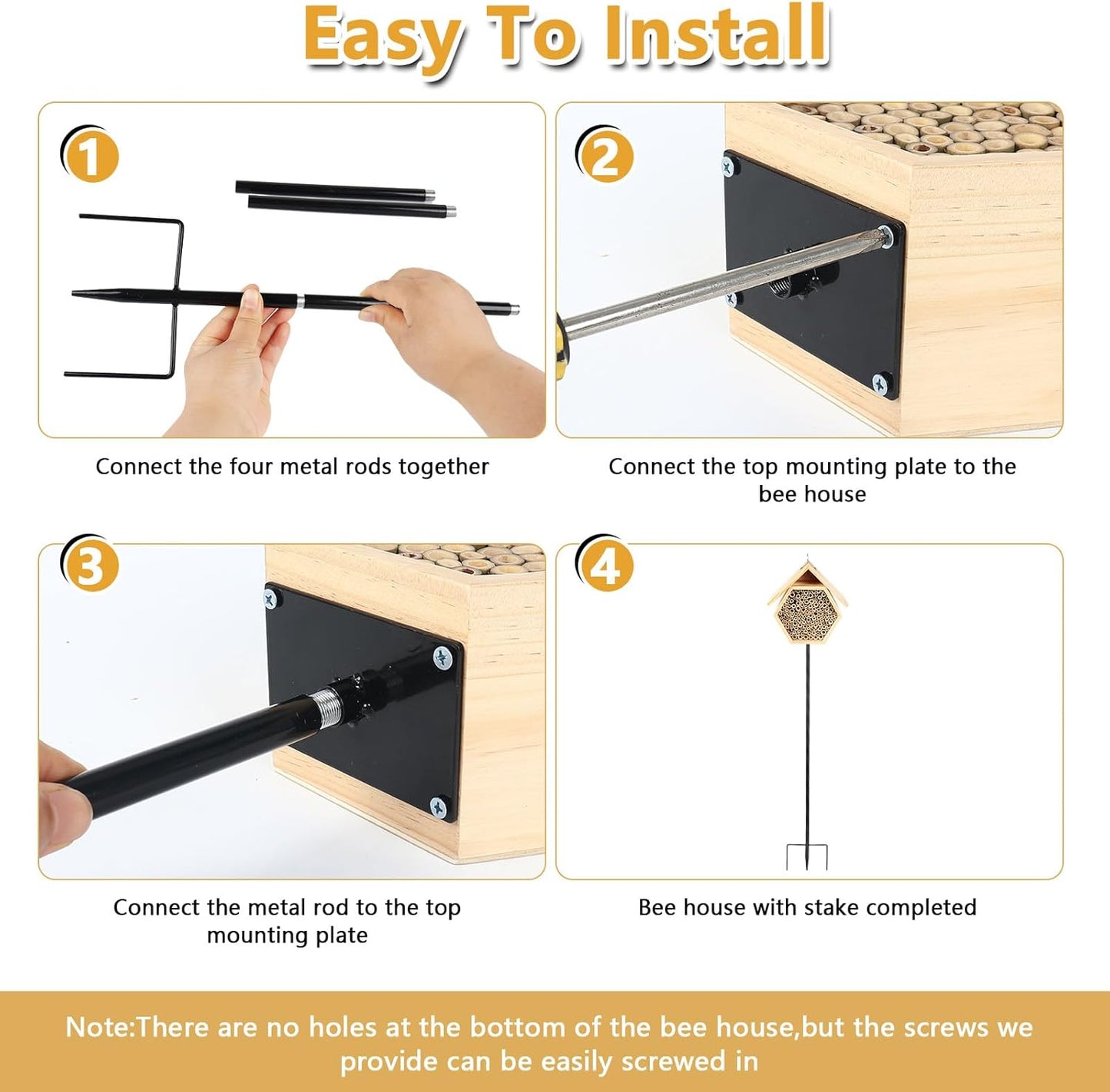 Mason Bee House for Garden, Natural Wooden Bee Habitat with Metal Ground Stake, Attracts Pollinators, Improve Garden Productivity, Outdoor Decoration