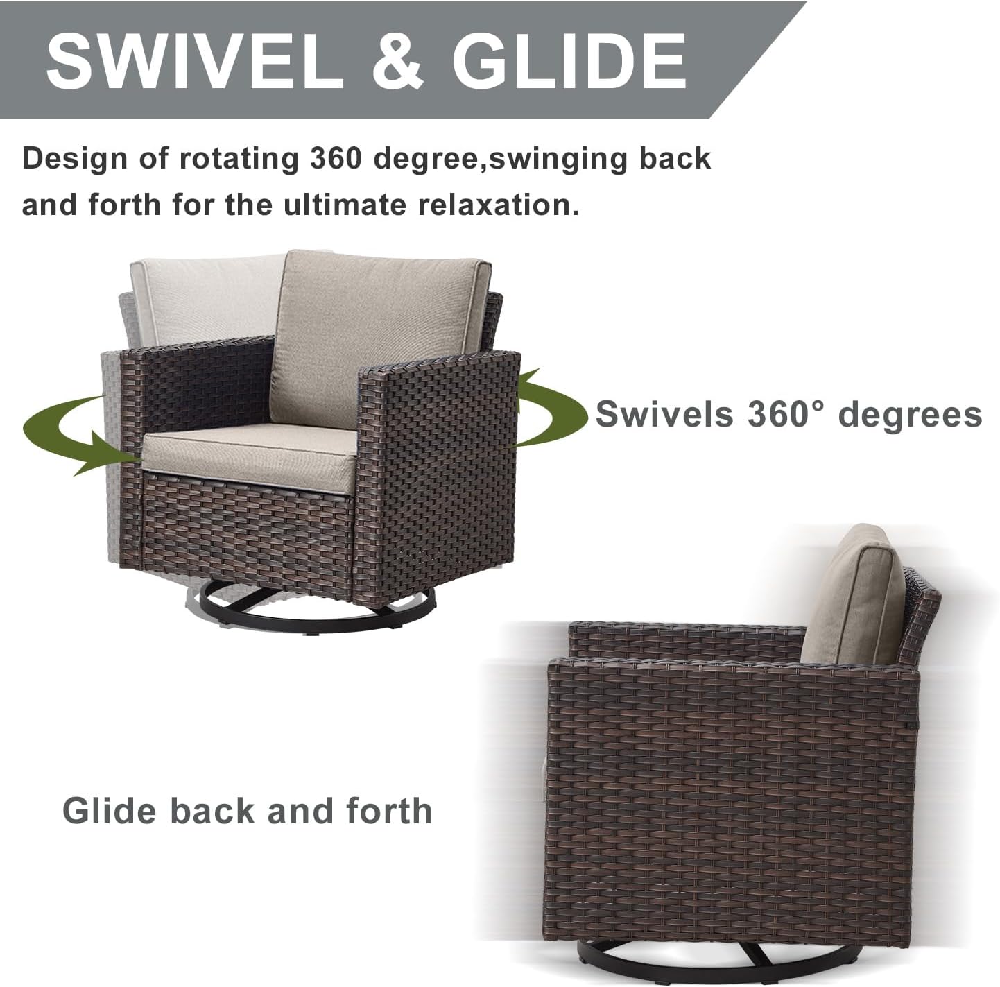 HUMMUH Patio Swivel Chairs Set of 2,PE Wicker Outdoor Rocker Chairs Bistro Set Porch Balcony Furniture with Cushions