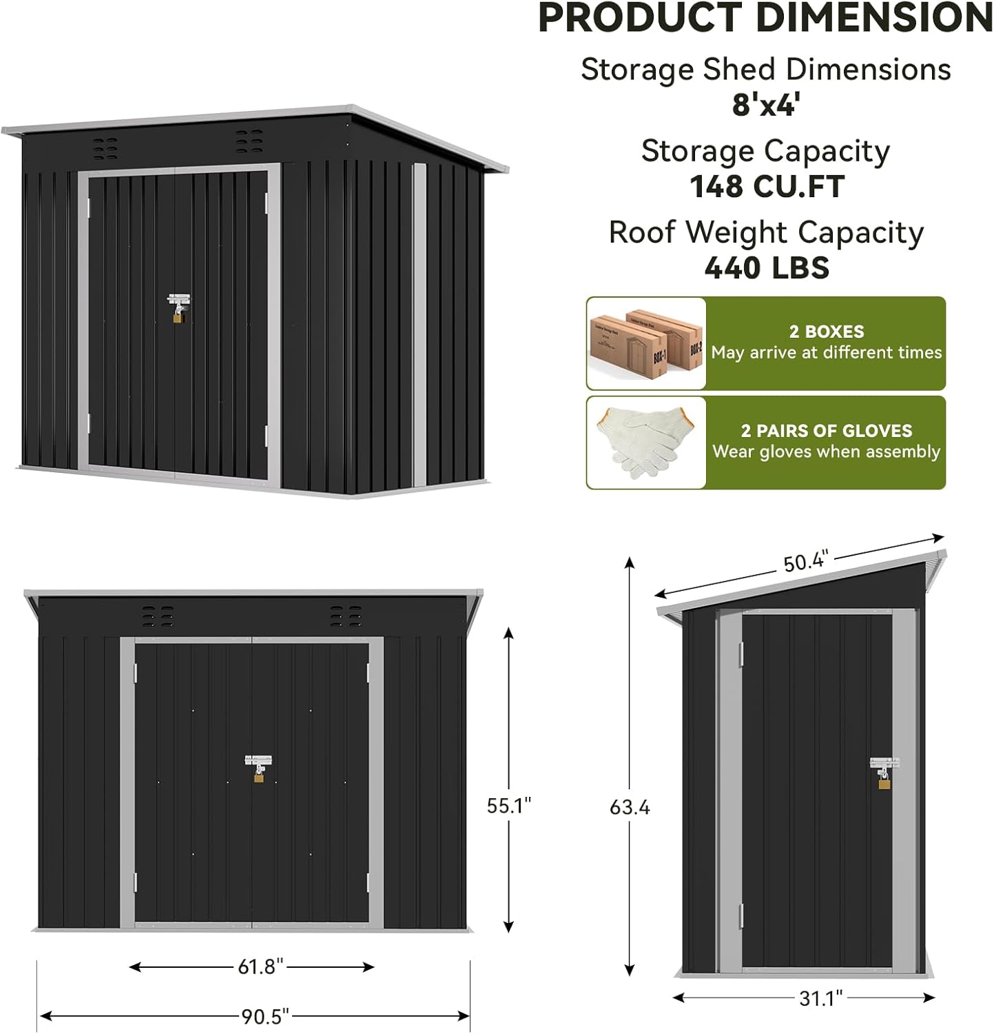 COMHOMA Shed Outdoor Storage Shed Metal,Lockable Doors Tool Sheds with Sloping Roof,Steel Garden Shed with Air Vent for Backyard,Patio,Lawn,Poolside (Grey, 8'*4')