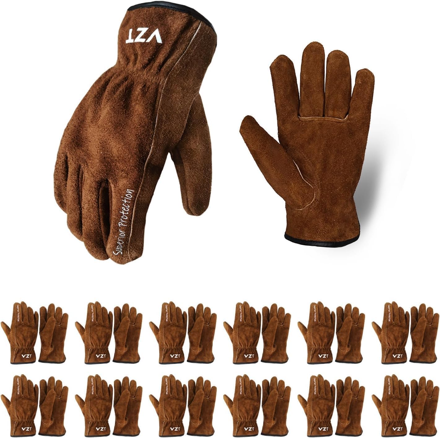 12 Pairs Bulk Leather Work Gloves for Men or Women for Gardening, Construction, Truck, Driving, Farm, Ranch, Woodworker, Soft, Cowhide Thickened, Water Resistant, Brown, Large