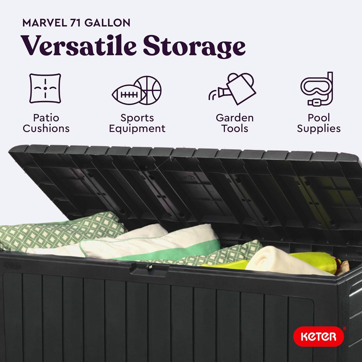 Keter Marvel Plus 71 Gallon Resin Deck Box-Organization and Storage for Patio Furniture Outdoor Cushions, Throw Pillows, Garden Tools and Pool Toys, Dark Grey