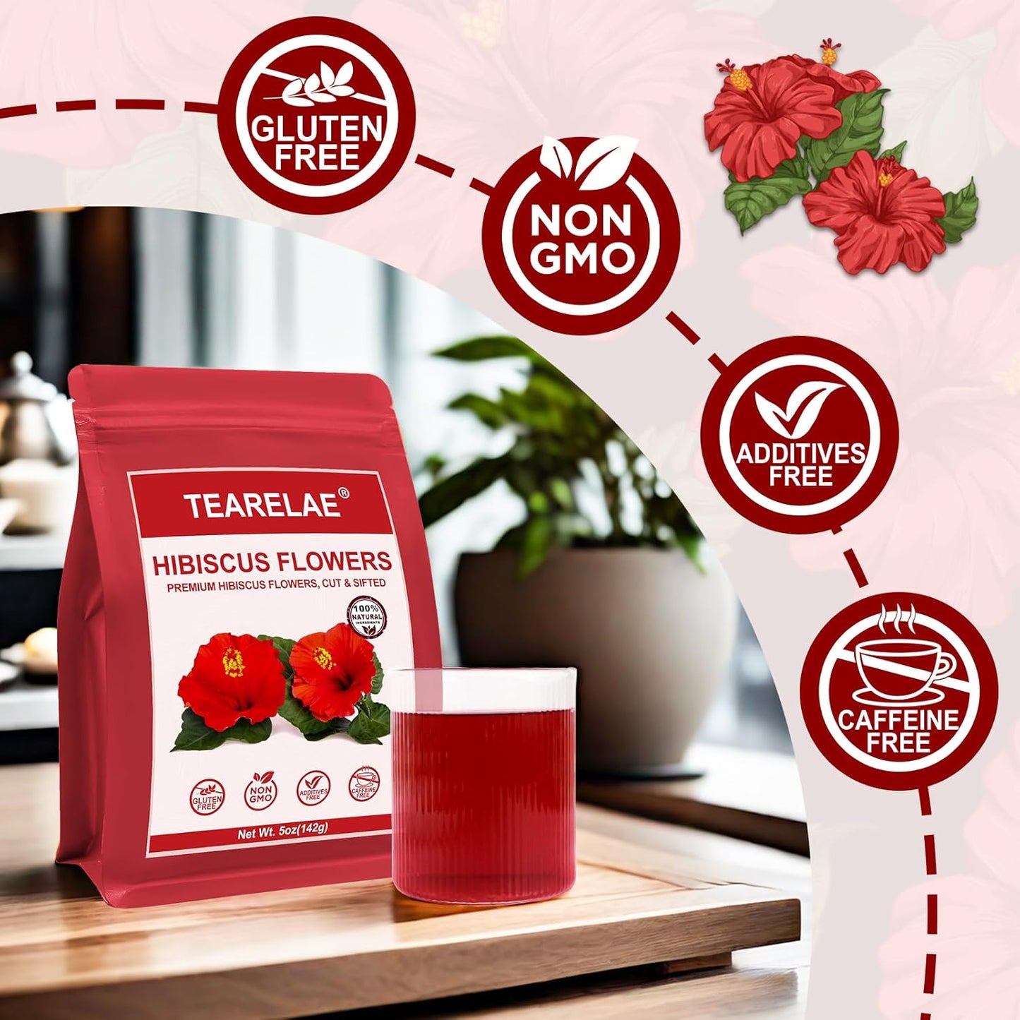 TEARELAE - Hibiscus Flowers, 5oz/142g- Natural Hibiscus Tea Loose Leaf - Country of Origin Nigeria - Flor De Jamaica - Dried & Edible Flowers For Tea - Non-GMO - Caffeine-free - Support Heart Health