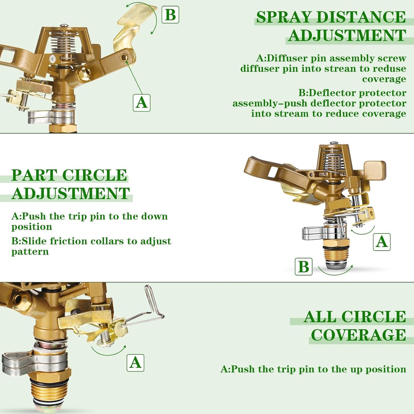 Ferraycle 4 Pieces 1/2 Inch Brass Impact Sprinkler Head with Nozzles Heavy Duty Adjustable 0-360 Degrees Impulse Sprinkler Head Lawn Watering for Yard Irrigation