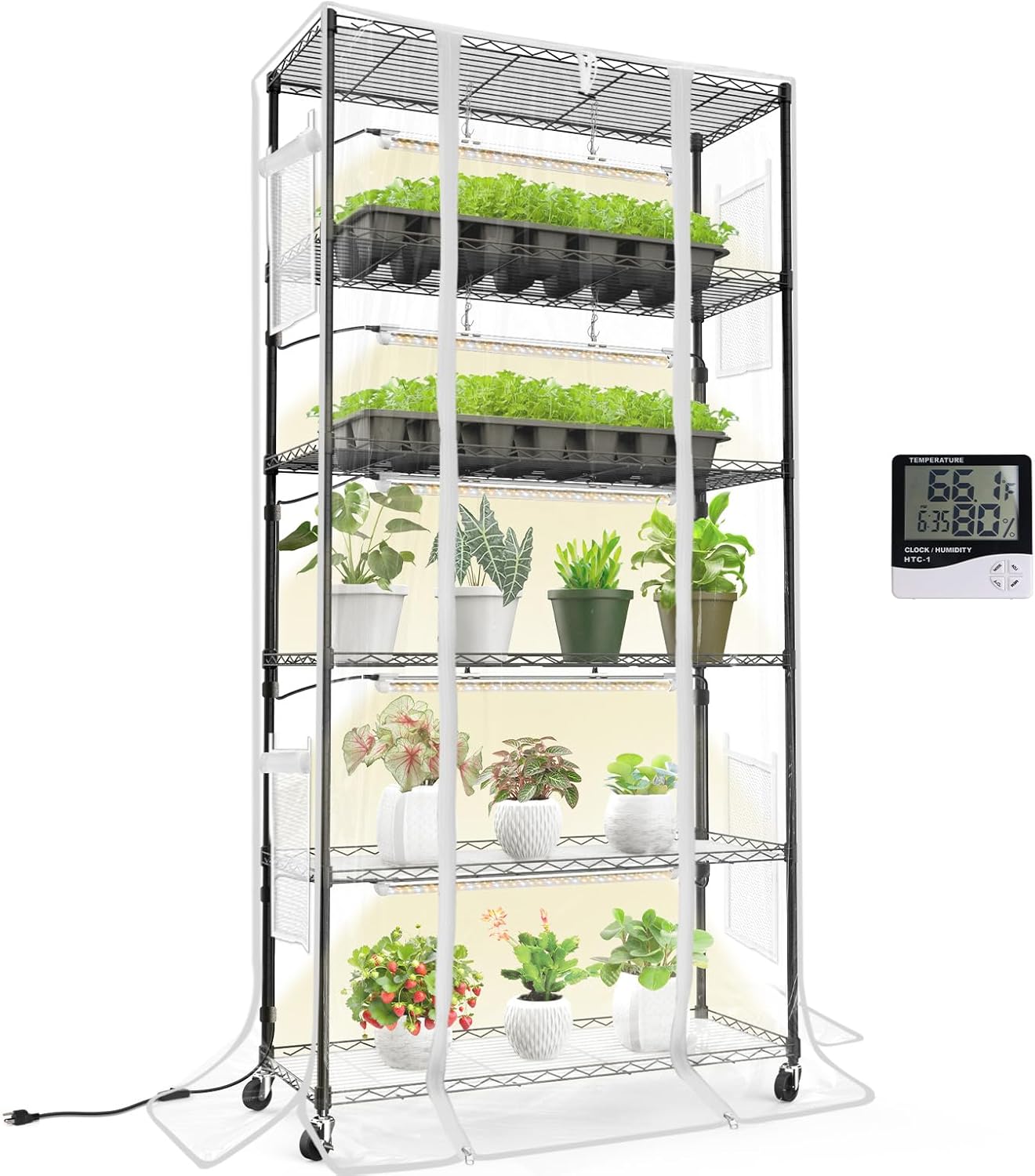 Indoor Greenhouse with Grow Light, Mini Green House with 5 Pack T8 Full Spectrum Plant Lights, Plant Shelf with Tent for Indoor Plant, Seed Starting, Seed Tray, 35.4"x13.8"x71"