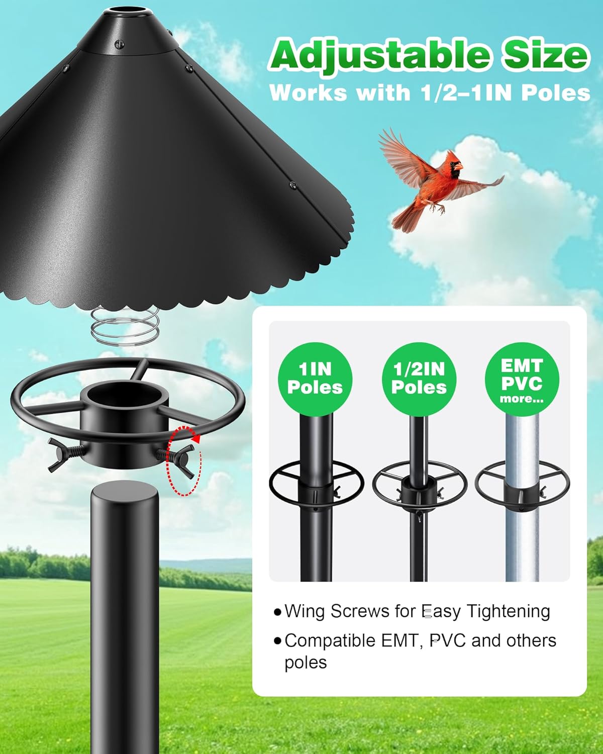 Metal Squirrel Baffle - Heavy Duty Squirrel Baffle for Bird Feeder Pole - Chew Proof Squirres Guard with Spring for Better Defense, Outside Pole Mount for Bird Feeder, 19 Inch