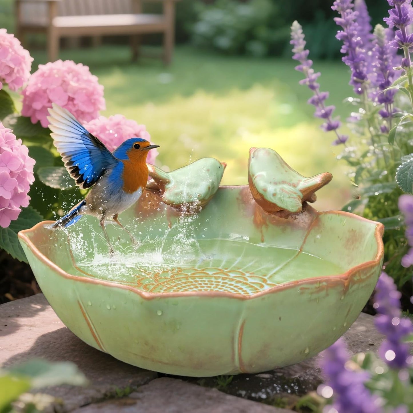 Ceramic Bird Bath for Outdoors, 10.1” Ground Ceramic Bird Baths Bowl for Outside, Garden Table Top Bird Baths Weather Resistant, Birdbath for Deck, Balcony, Lawn
