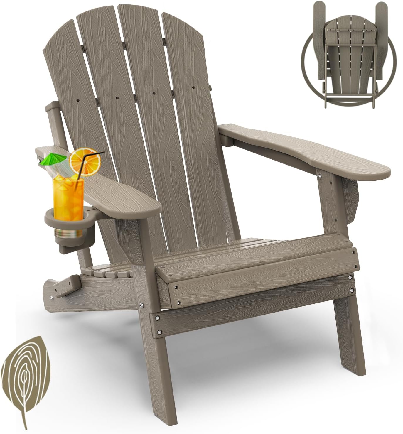 GREENVINES Folding-Adirondack-Chair | Wood Grain | HDPE Plastic | Fire Pit Chairs | All Weather | Cup Holder | Desert Brown | for Deck Backyard Patio Outdoor