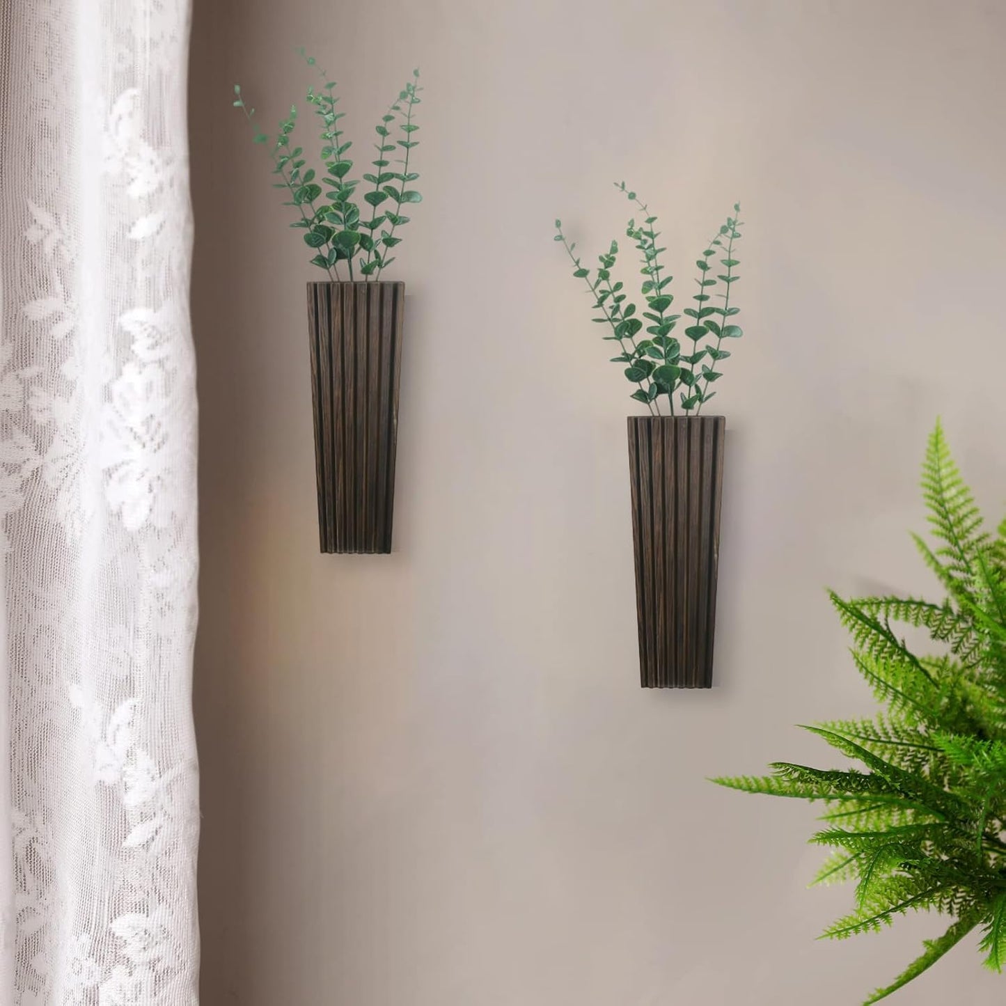 2Pack Brown Wood Wall Planter for Indoor +2Pack Green Plants,Modern Wooden Hanging Planter for Dried Flowers and Plants,Abstract Vase Farmhouse Wood Wall Decor (Brown)