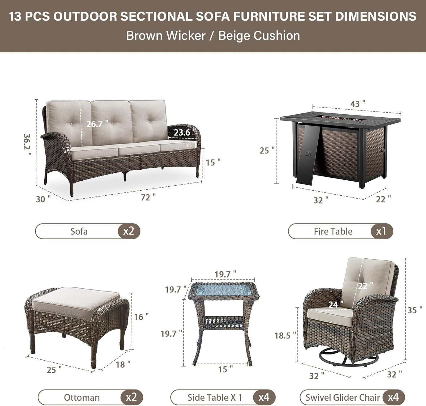 Grand 13 Pieces Outdoor Patio Furniture Set with 4 Swivel Glider Chairs and 50000 BTU Propane Fire Pit Table, Patio Conversation Set with Sofa and Wicker Side Table for Big Garden Backyard