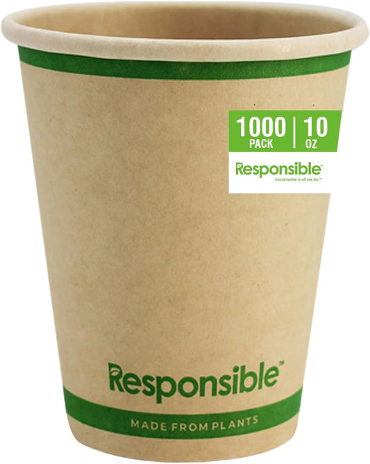 10 oz Paper Hot Cups Bulk, Tree-Less™ Compostable Paper Coffee Cups, Extra Strength, Tree-Free and Made Without PFAS, Natural Brown (1000 Count)