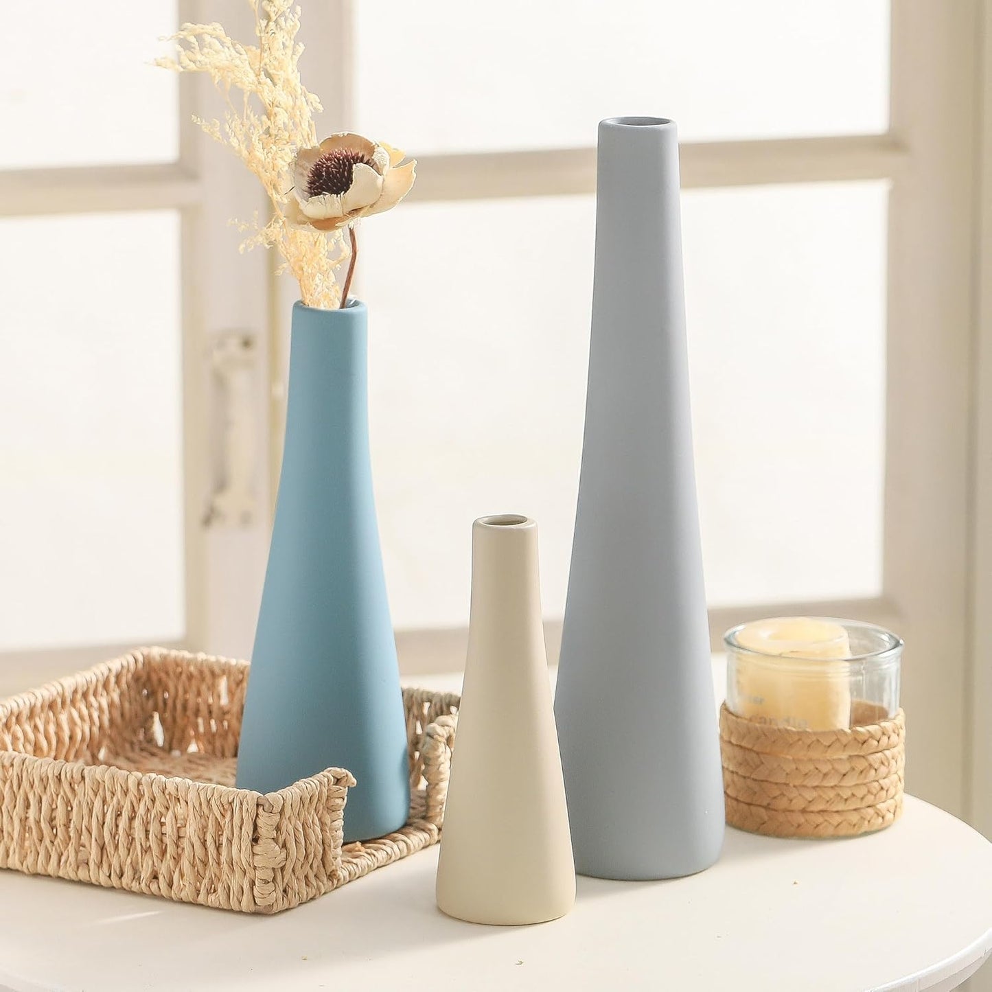 Ceramic Vase Set of 3, Modern Farmhouse Vases Neutral Pottery Vase Pampas Grass Flower Vases for Home Decoration Room Decor Table Living Room Centerpieces Mantel Decor - Blue