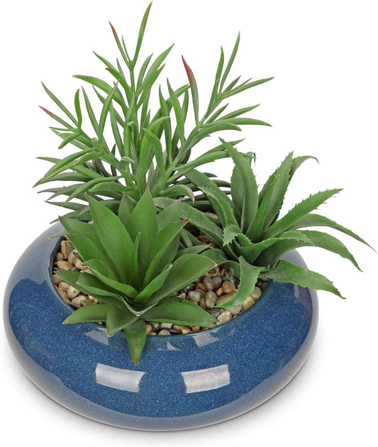 Hollyone Large Artificial Succulents Plants with Blue Vase Faux Succulents Fake Succulent Potted Plant in Ceramic Pot for Home Decor Office Desk Bathroom Living Room Indoor & Outdoor Decorations
