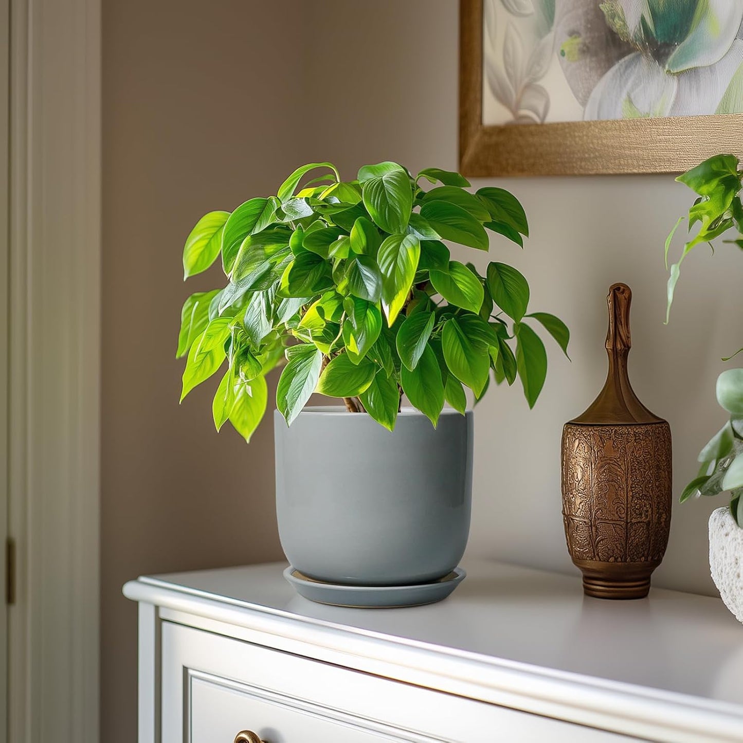 Indoor Planter 7 Inch - Round Ceramic Plant Pot for Cactus Orchid Plants with Drainage Hole and Saucer, Home Outdoor Patio Office Decor, Gray