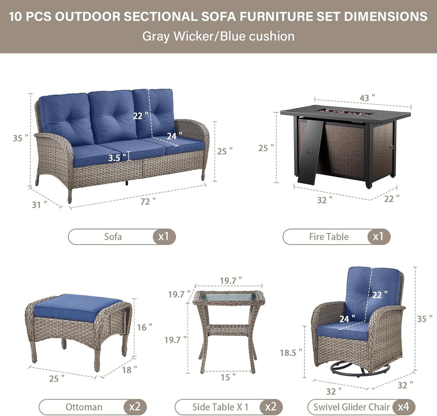 Expansive 10 Pieces Outdoor Patio Furniture Set with 43” Propane Fire Pit Table, Patio Conversation Set with Swivel Rocker Outdoor Chairs Set of 4 and Sofa, Ottoman and Wicker Side Table
