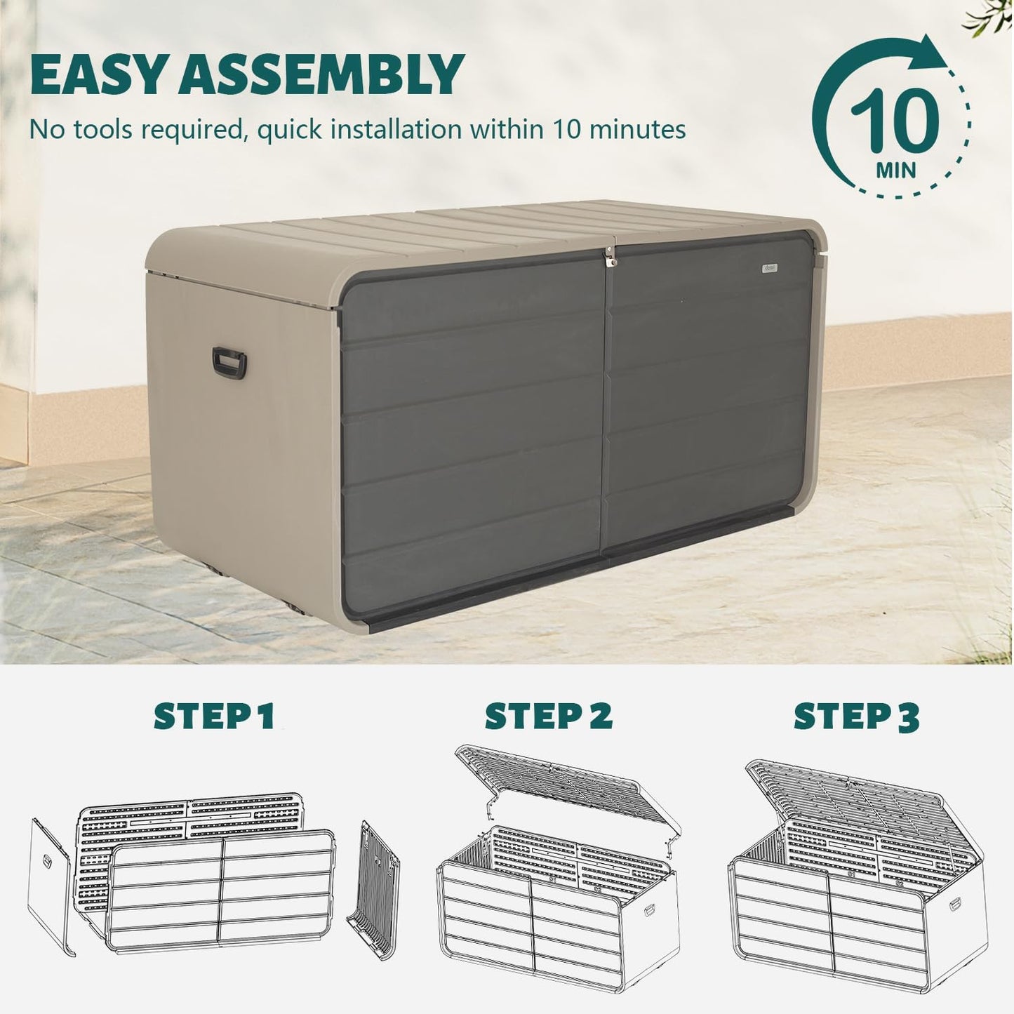 Domi 260 Gallon Outdoor Storage Box – Waterproof, UV-Resistant Deck Box with Lockable Lid for Patio Furniture, Garden Tools, Delivery Packages (Large Resin Storage Bin）