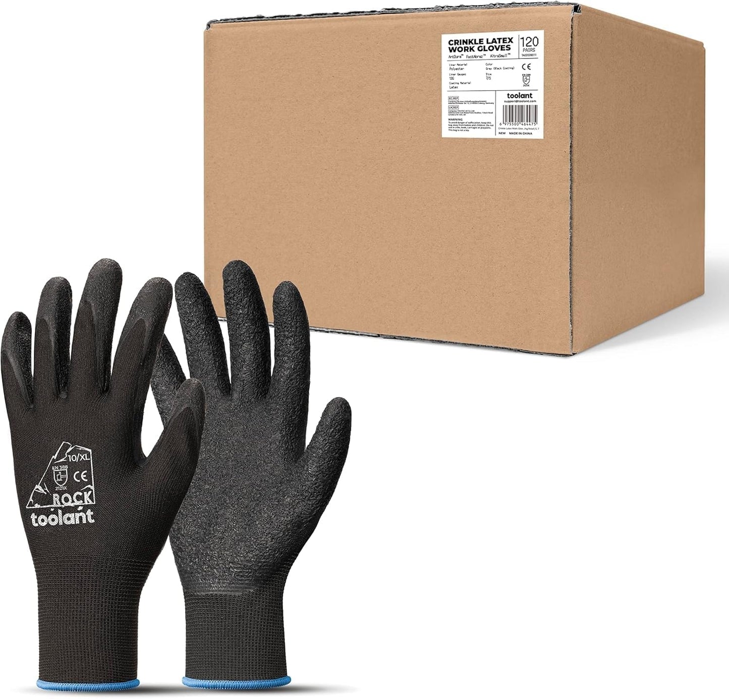 toolant Crinkle Latex Work Gloves Bulk, Rubber Coated Safety Work Gloves for Men and Women, 120 Pairs for Construction, Gardening, Warehouse (Black, XL)