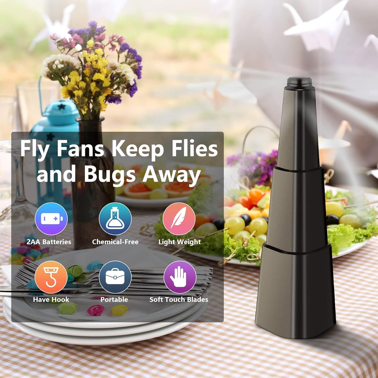 Fly Fans for Tables, Fly Repellent Fan for Indoor/Outdoor, Food Fans to Keep Flies Away for Party, BBQ, Home, Picnics, Travel, Portable and Easy Use 6 Pack (Black)