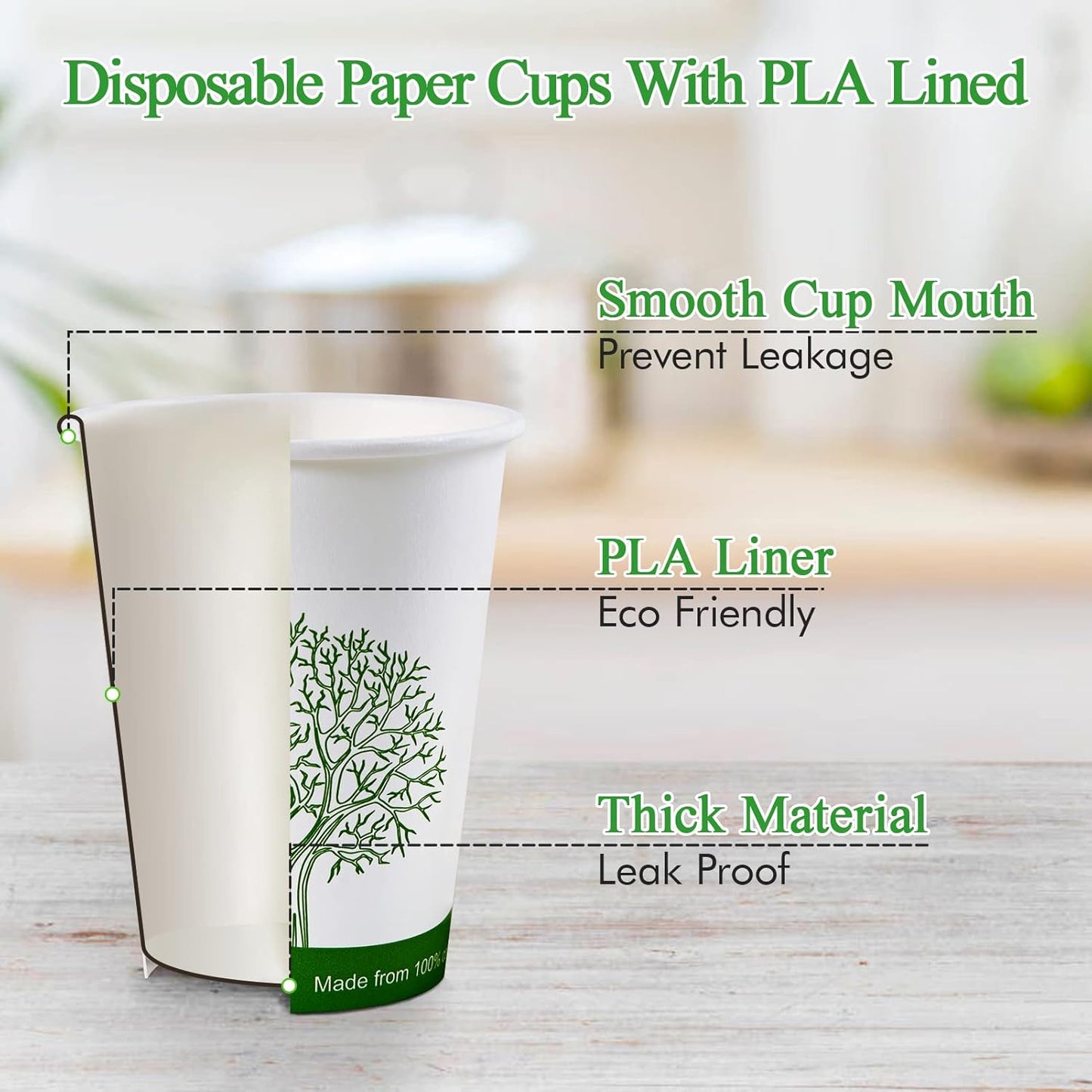 ECOLipak 300 Count Compostable Paper Cups, 8 oz Biodegradable Disposable Paper Coffee Cups with PLA Lined, Eco-friendly Hot Drinking Cups for Party, Picnic,Travel,and Events