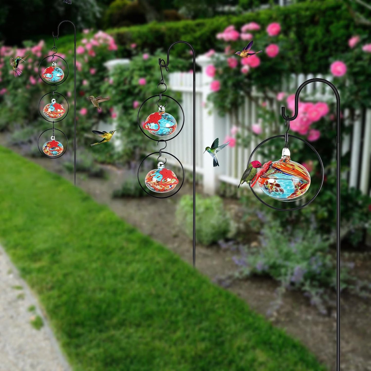 Flexible 6-Circular Hummingbird feeders for Outdoors Hanging Ant and Bee Proof,Hand Blown Glass Hummingbird Feeder with 6 Adjustable Silicone Perch(Blue)