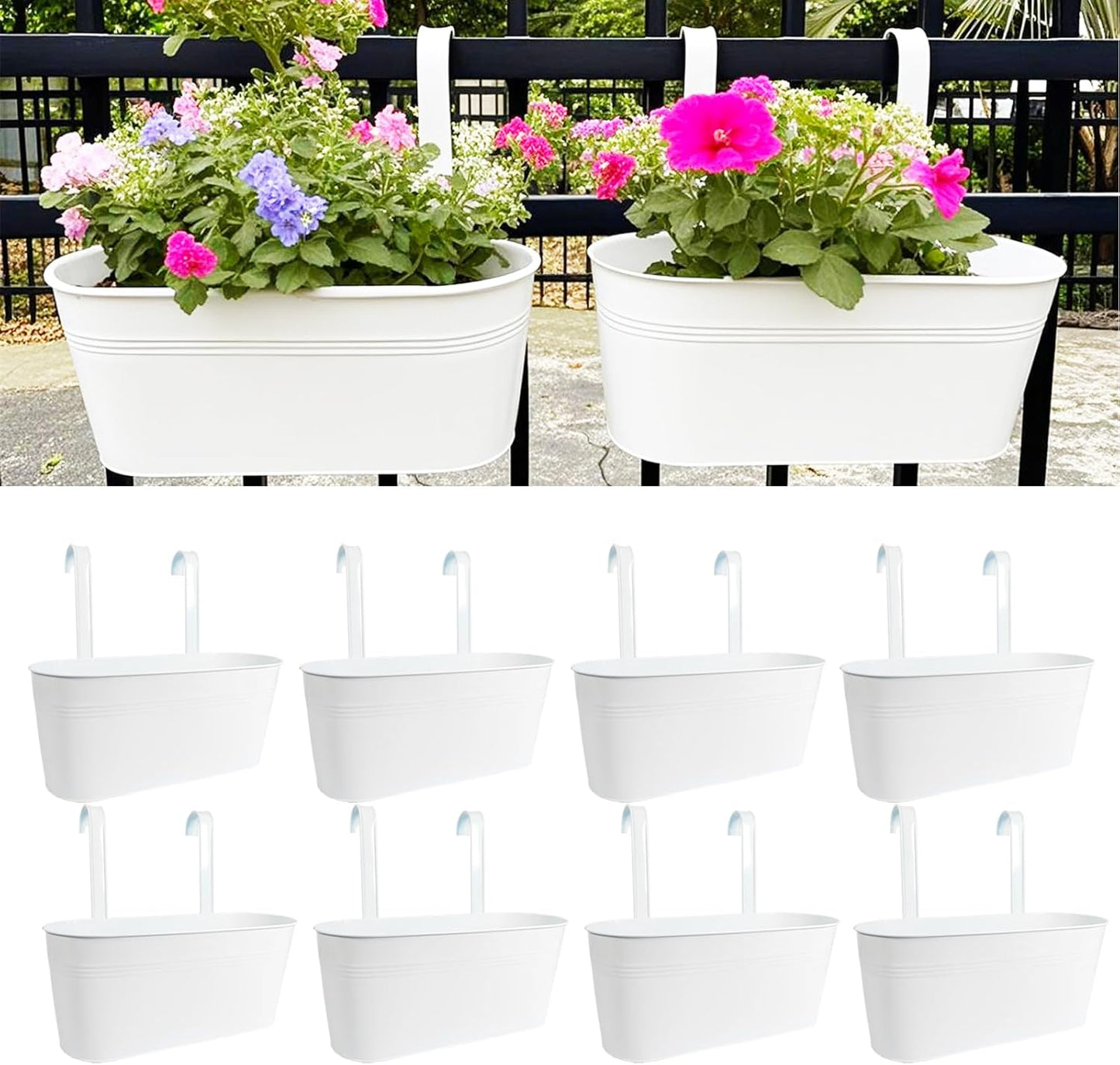 Hanging Planters for Outdoor Plants, 17" Railing Planter Pots, Metal Fence Flower Pot for Porch Balcony with Detachable Hook (White, Pack of 8)